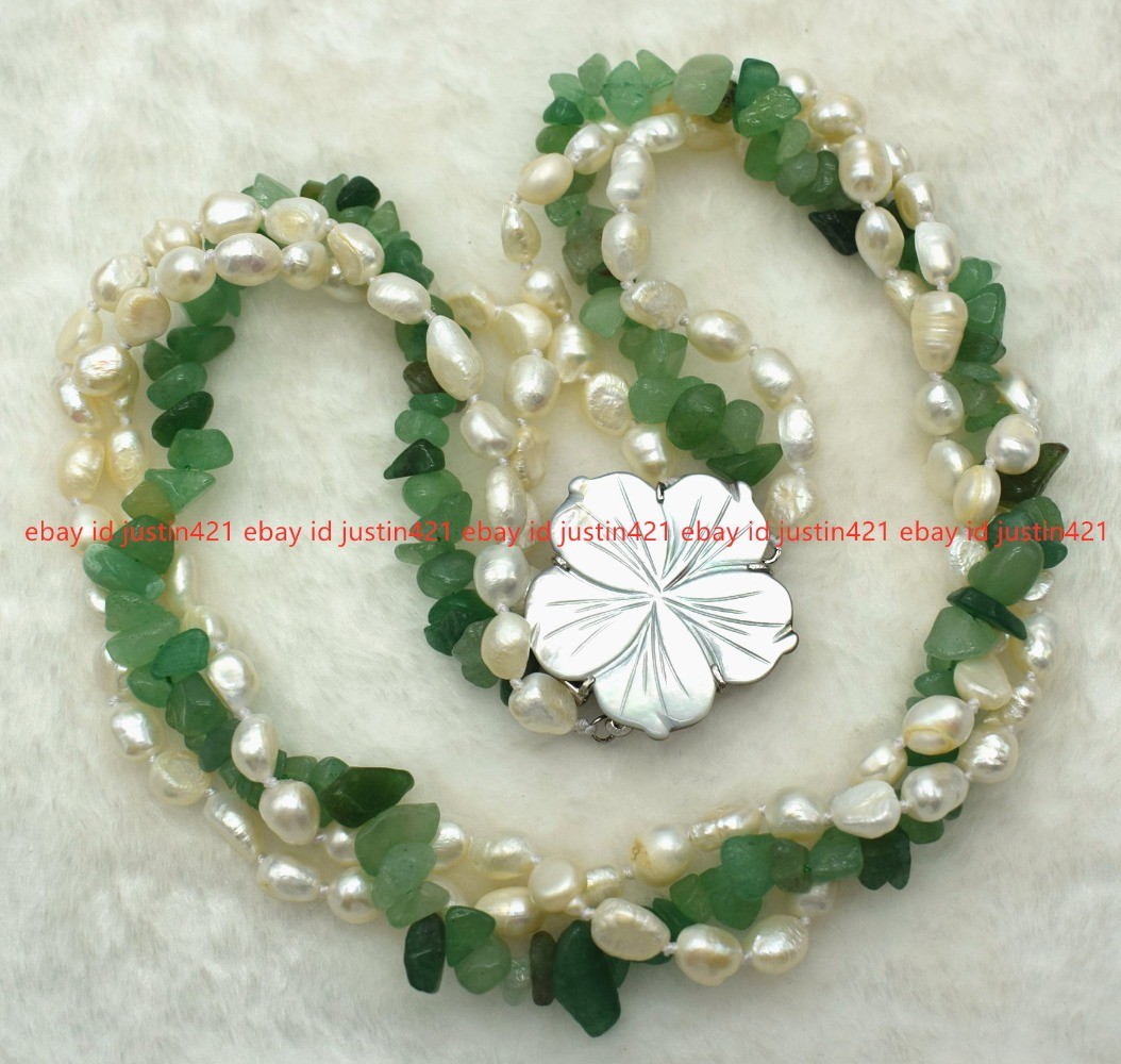 New Natural Three Rows 7-8mm White Baroque Green Gravel Necklace 18-24 Inches