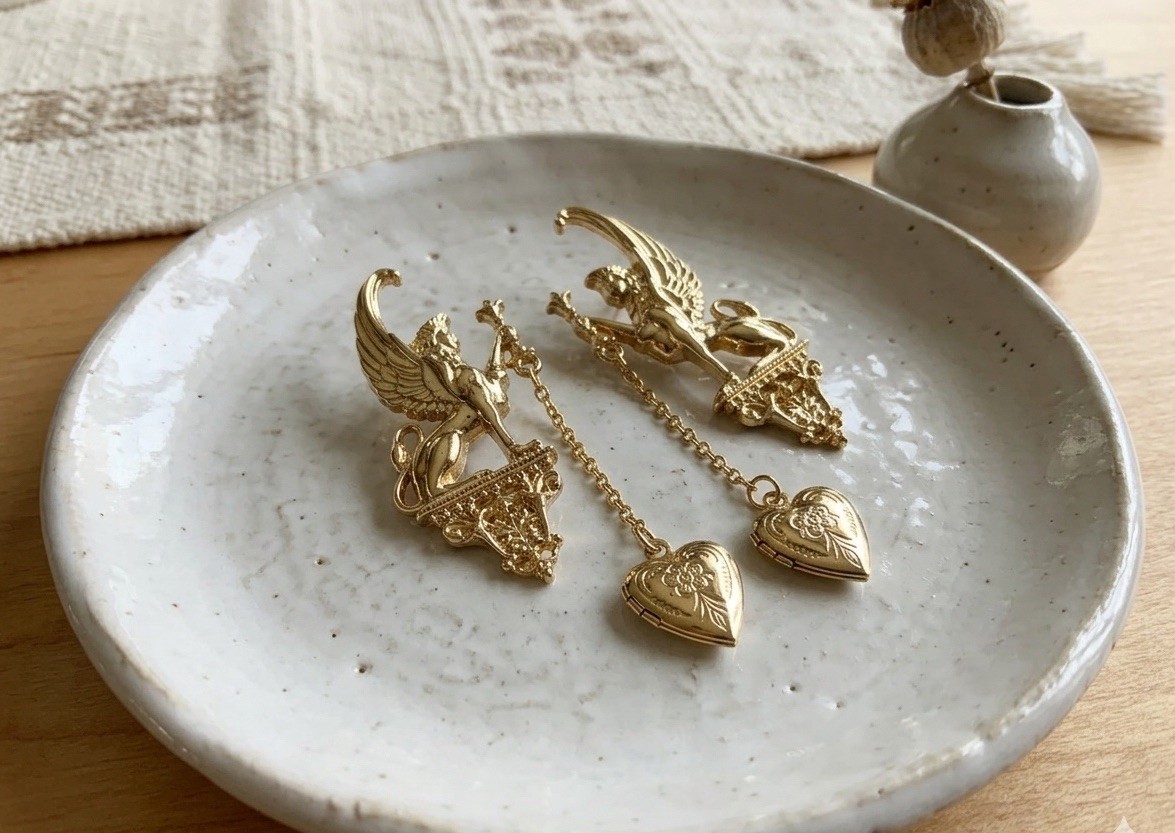 Medieval Earrings Wings Griffin Cherub Heart Antique VTG Gold Victorian Museum
