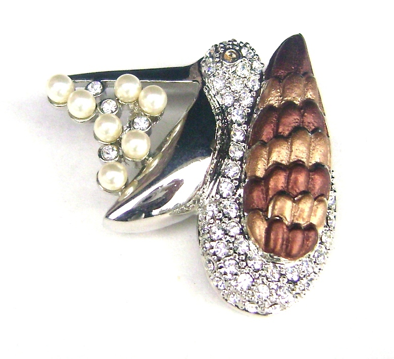 Brooch Silver Plated Pelican Brown Enamel Crystal Pearl Pin Fashion Jewelry