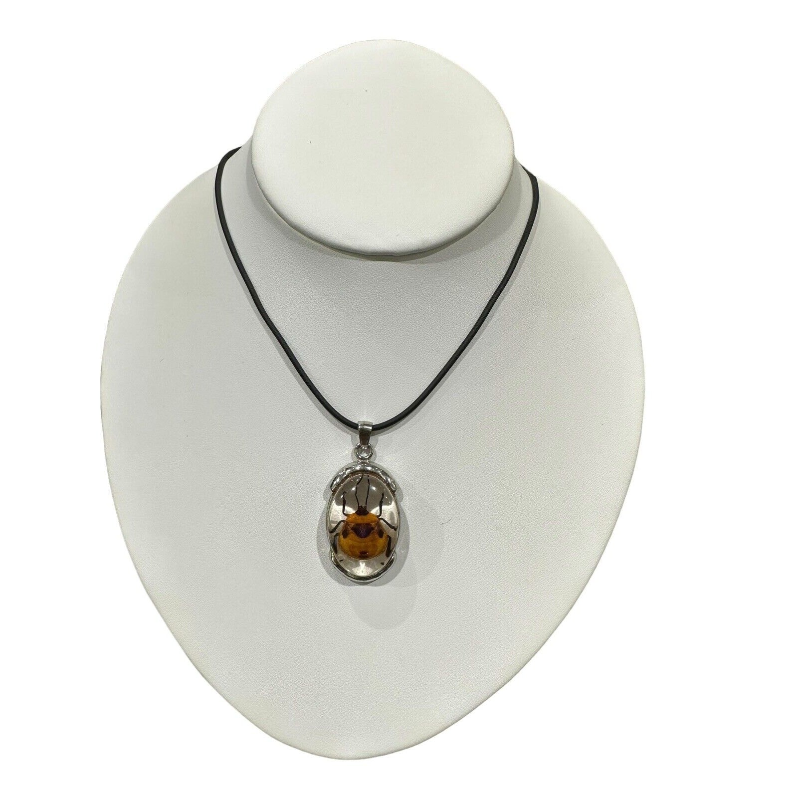 Real Beetle in Lucite With Silver Metal Findings Fancy Necklace Black Cord EUC