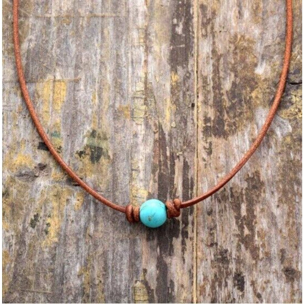 Natural Turquoise Necklace Round Bead Leather Healing Spiritual Choker Xmas Gift
