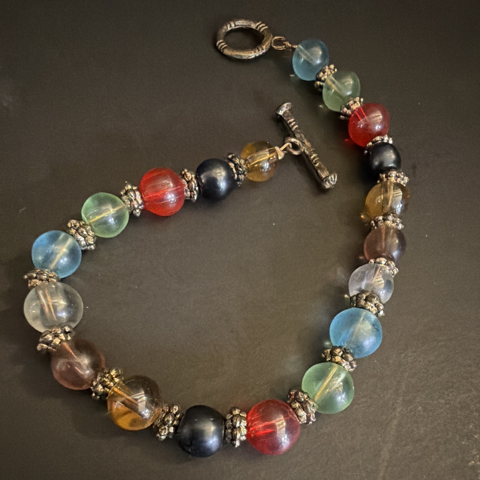 Multicolor Round Glass Beaded Bracelet Toggle Clasp, Less Than 8 in