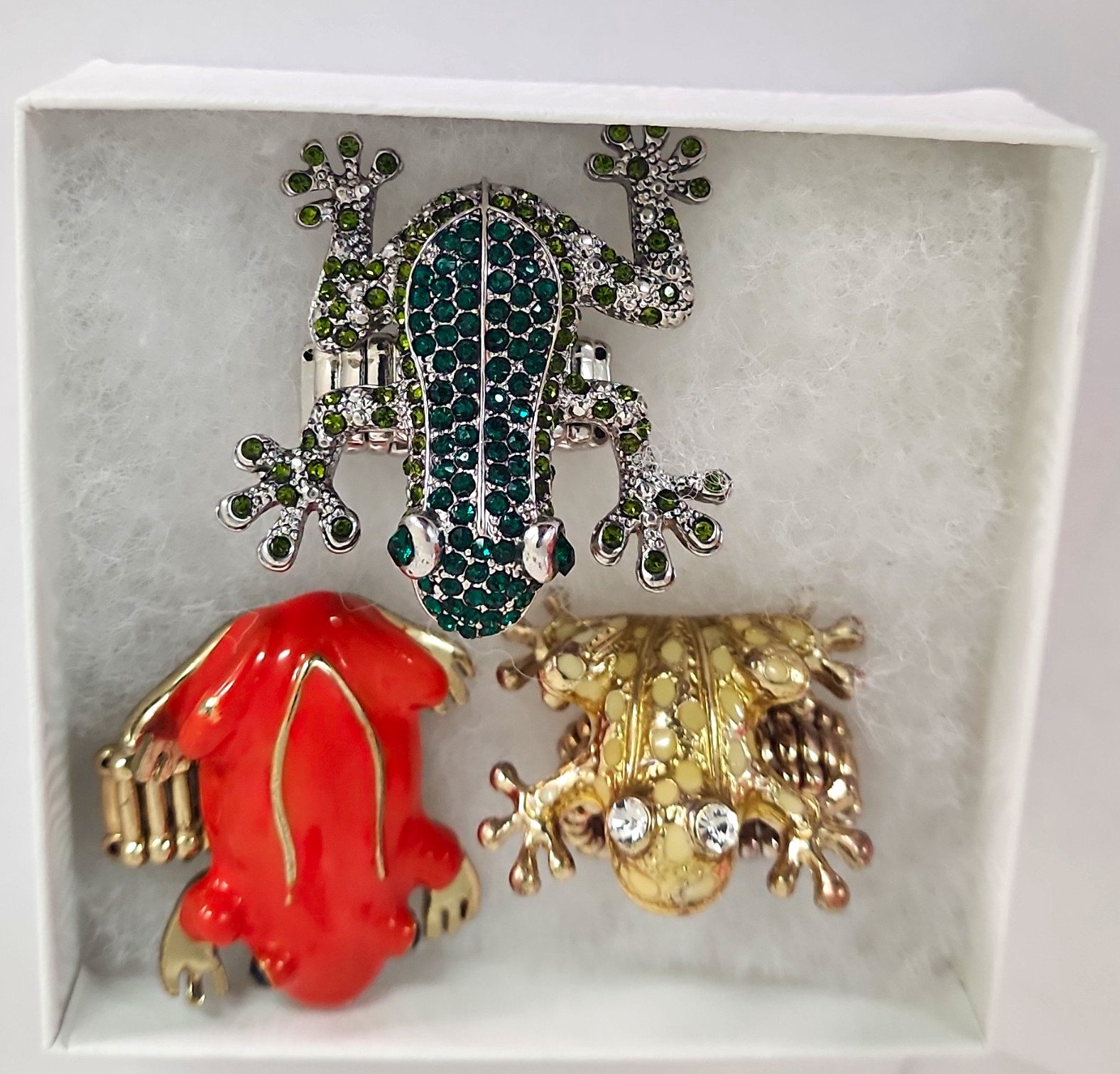 3pc Frog Stretch Band Ring Set Enamel & Rhinestone Pavé Multicolor Animal Nature