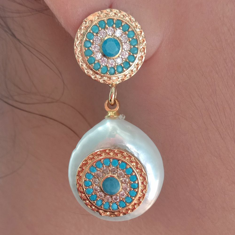 Cultured White Coin Pearl Blue Cz pave Stud Earrings