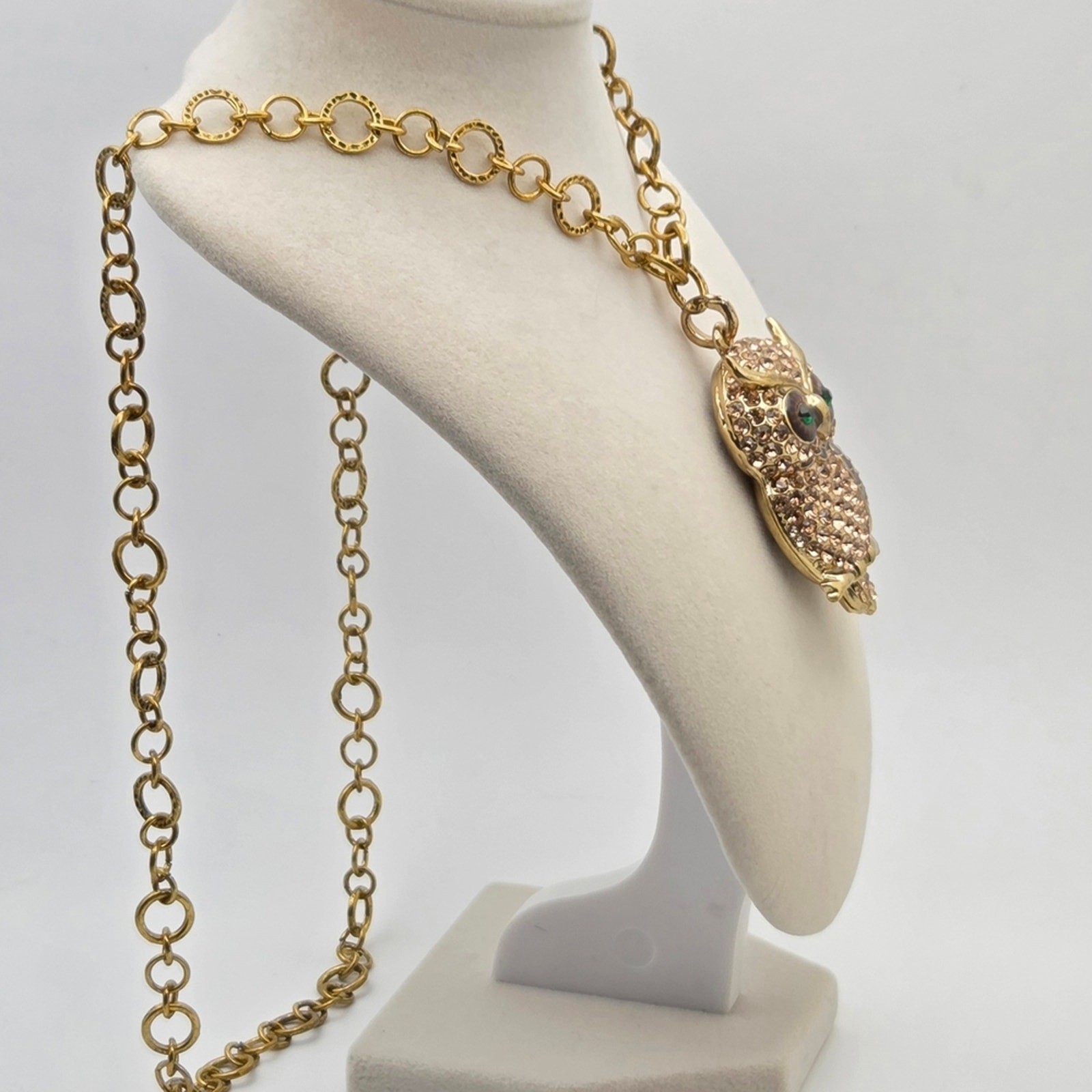Vintage-Style Pave Crystal & Enamel Owl Statement Necklace