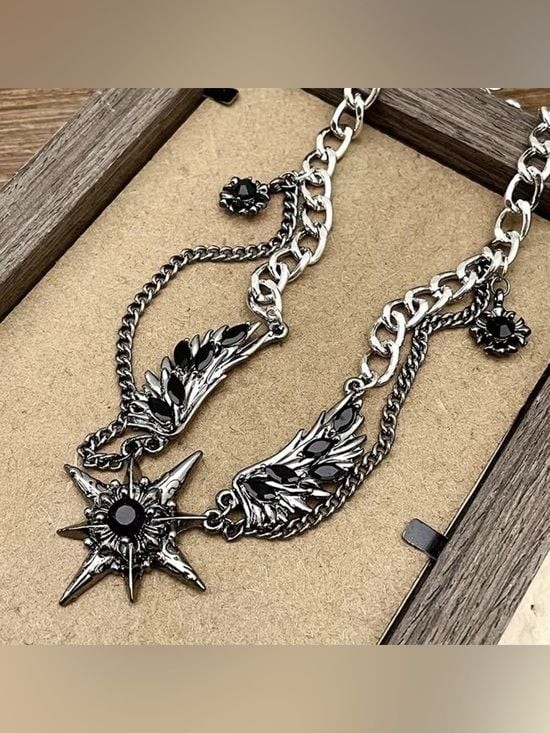 Unisex Black Stainless Steel Star & Wing Chain Necklace