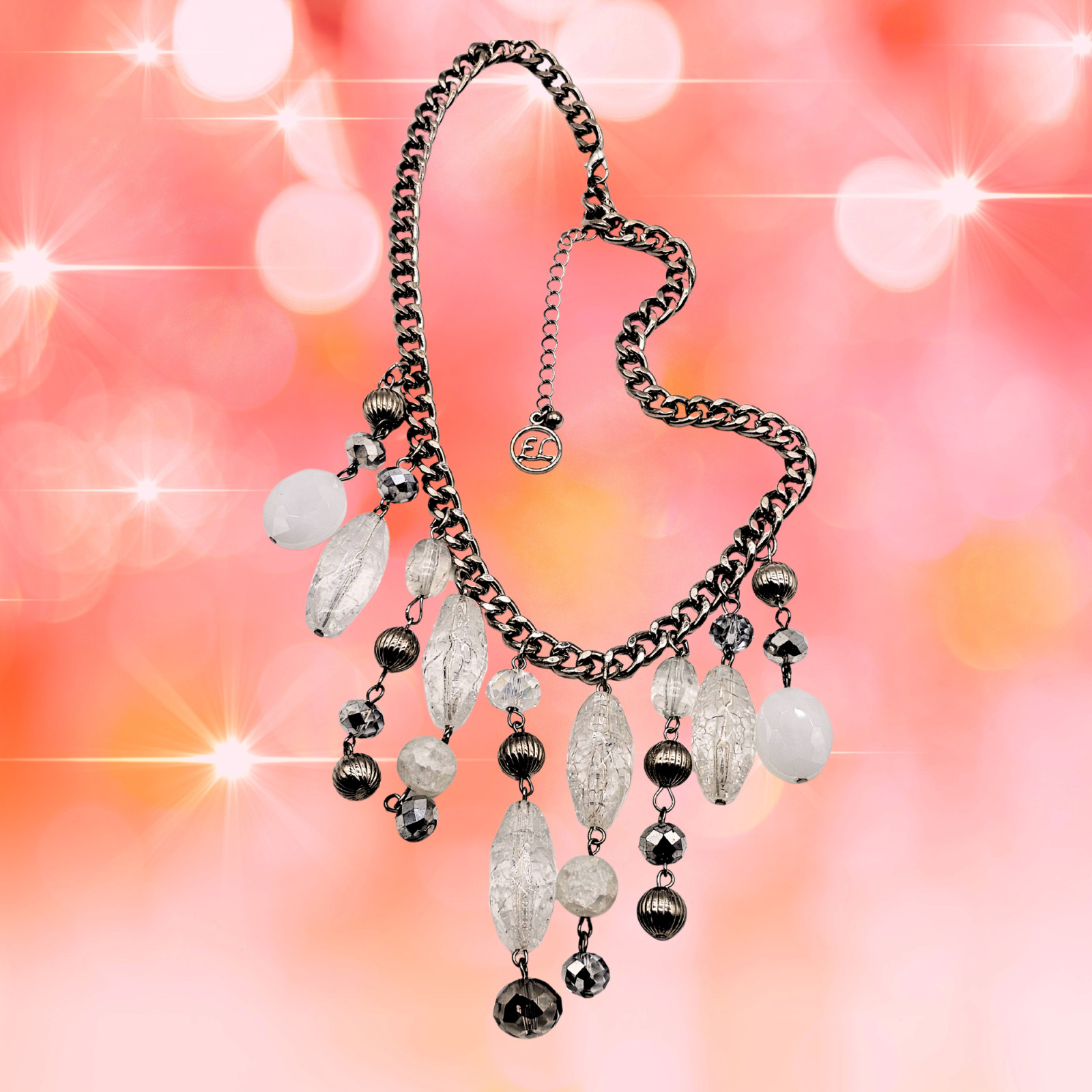 Statement Silver Chain Necklace with Lucite & Acrylic Charm Drops