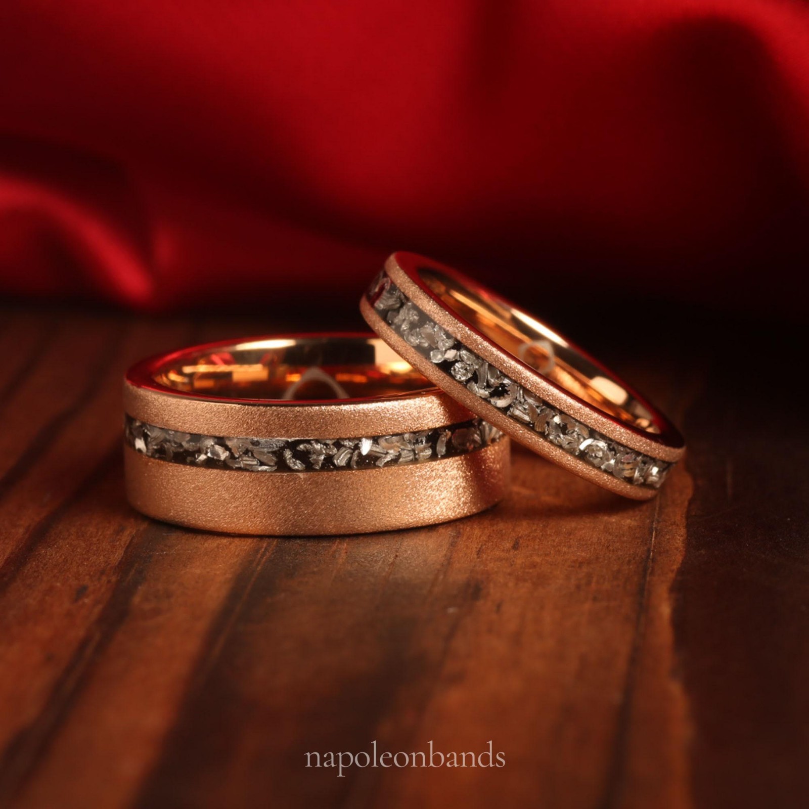 Celestial Union – Meteorite Couples Wedding Rings, Rose Gold Matching Bands