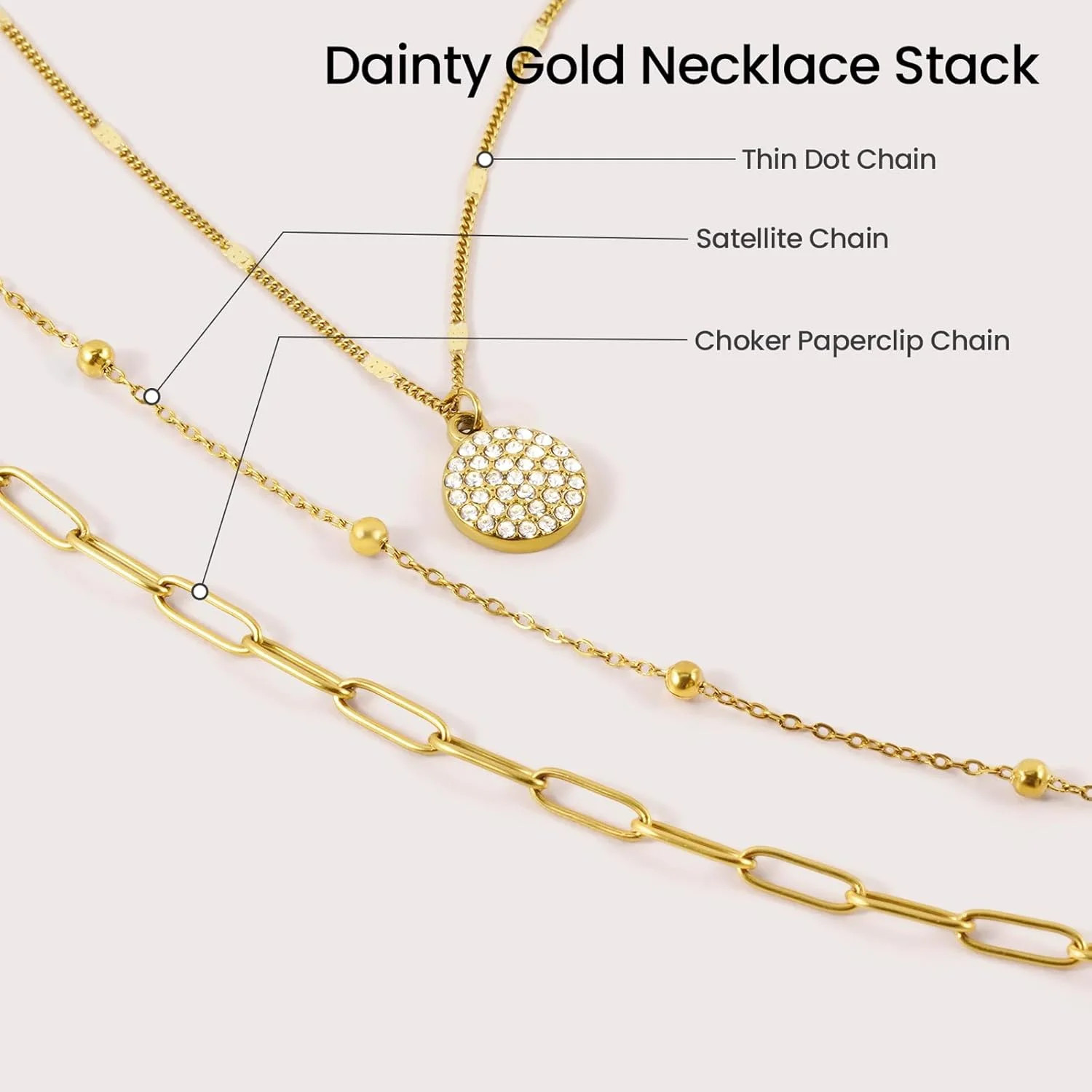 Layered Gold Necklace Stack for Women, 18K Gold Plated Stainless Steel Hypoaller