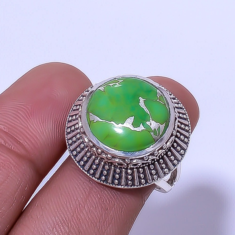 Copper Green Turquoise Fine Art Oxidised 925 Sterling Silver Ring S.6.5 R12