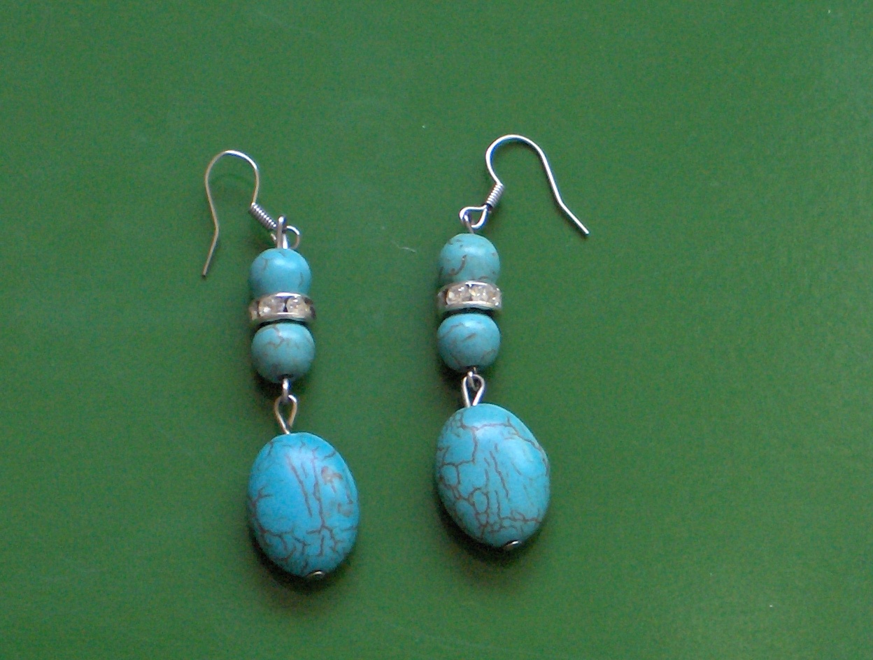 TURQUOISE , CZ 3 STONE 2.25″ DROP 925 SILVER PLATED EARRINGS, DROP DEAD GORGEOUS