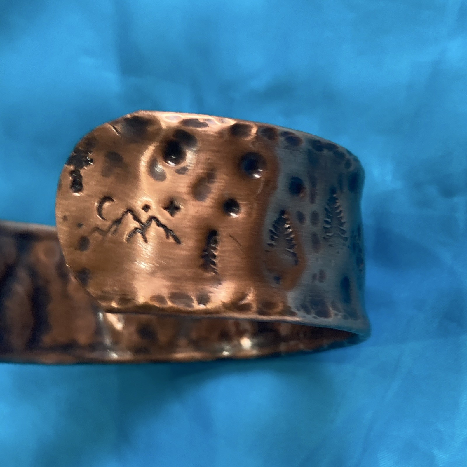 Wide hammered nature trees and mountains Copper Open Cuff Bracelet, Adjustable