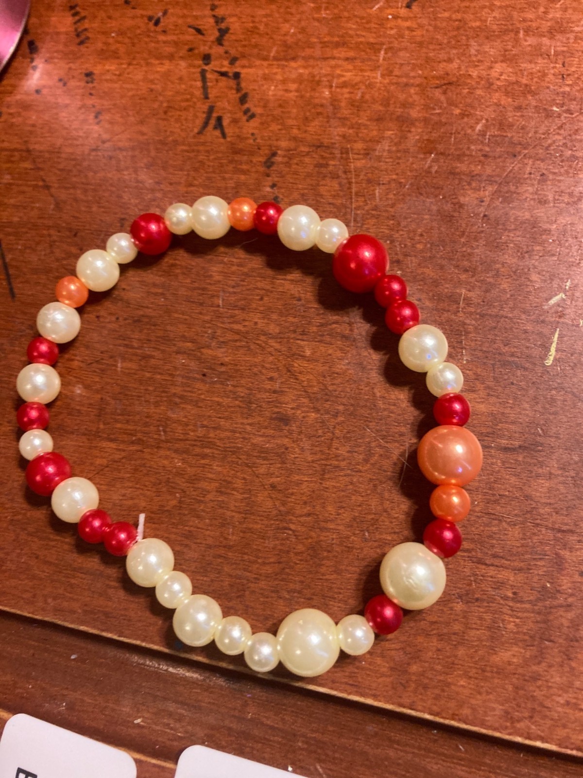 Yellow, Red & Peach Pearl Beaded Bracelet – Handmade Stretch Bracelet – $5