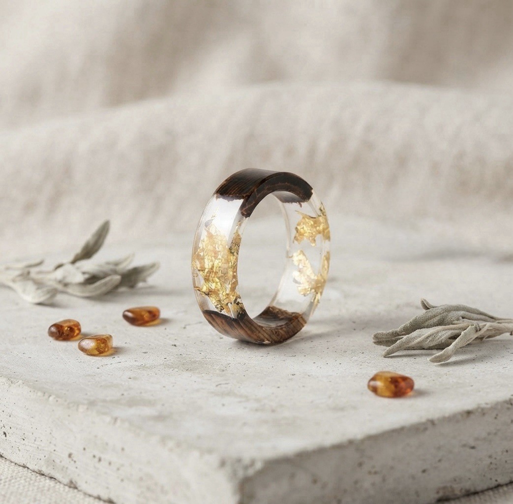 Brown Wood & Clear Resin Band Ring Gold Flakes No Stone Size8-6 New w/ Tags