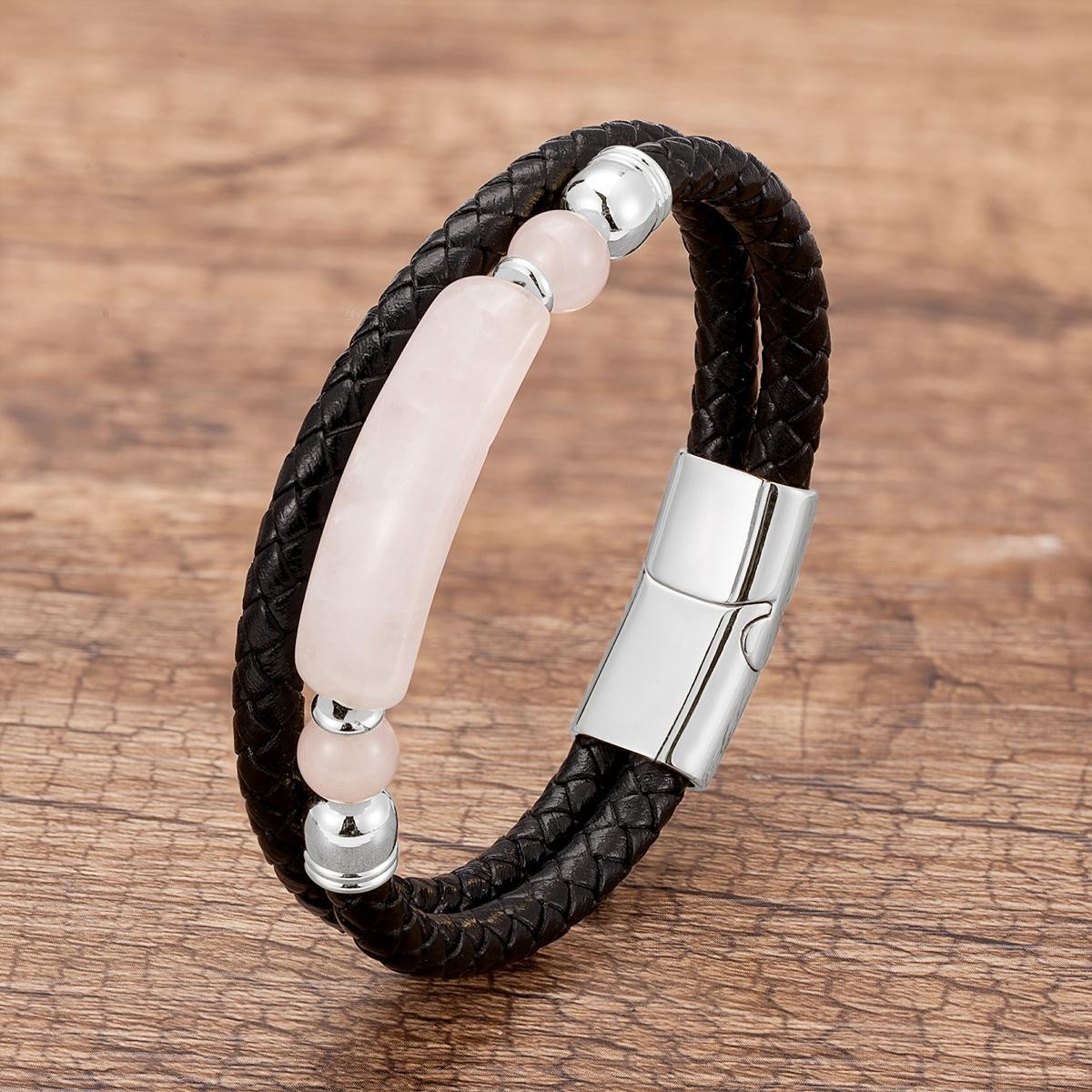 Men’s Multi-Layer Leather Bracelet with Natural Stone – Stainless Steel Clasp