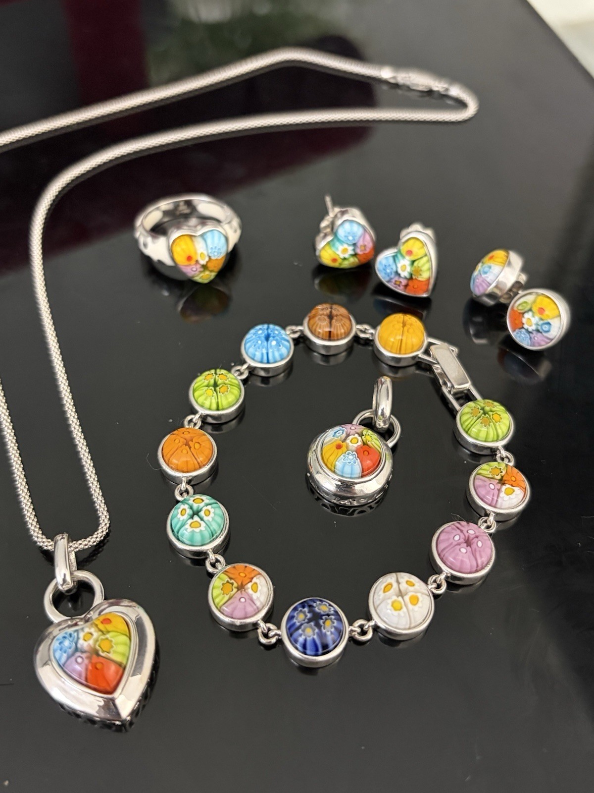 925 Sterling Silver Millefiori Murano Glass Jewelry Set Necklace Bracelet Ring