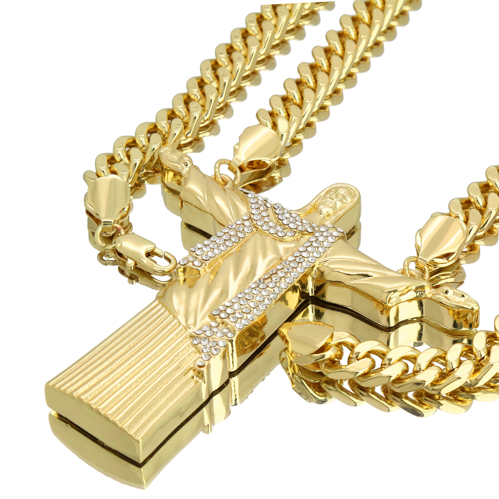 Gold Plated Huge Christ The Redeemer Pendant Cubic-Zirconia 30″ Cuban Chain