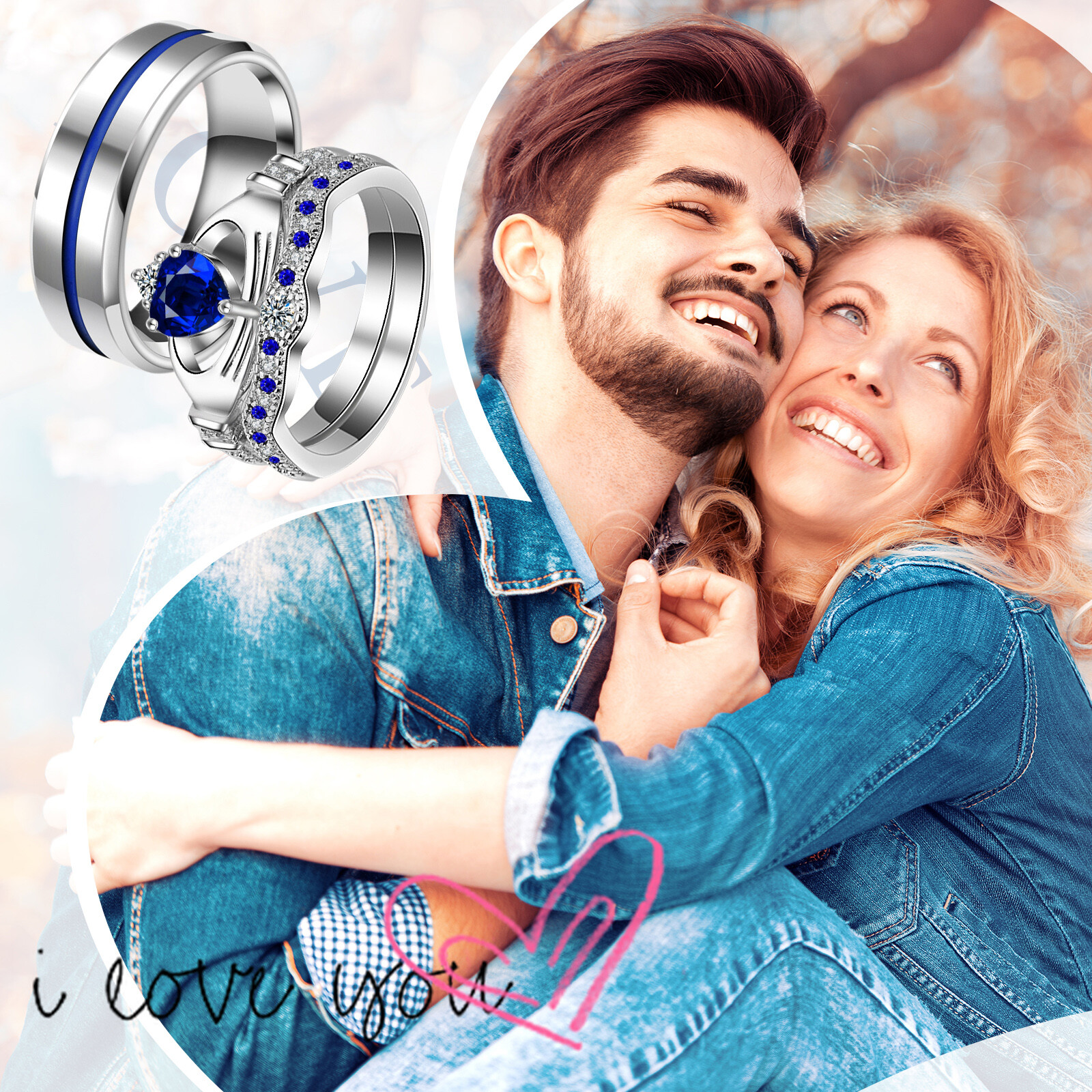 Men Women Detachable Couple Rings 2pcs Set CZ Promise Wedding Engagement Band
