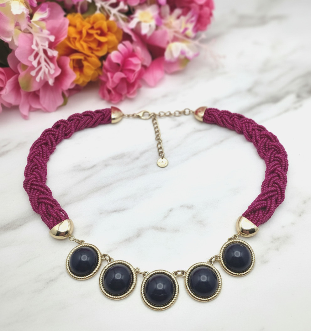 Talbots Fuchsia Seed Bead Braided Bib Necklace Navy Cabochon Gold Tone 21 in