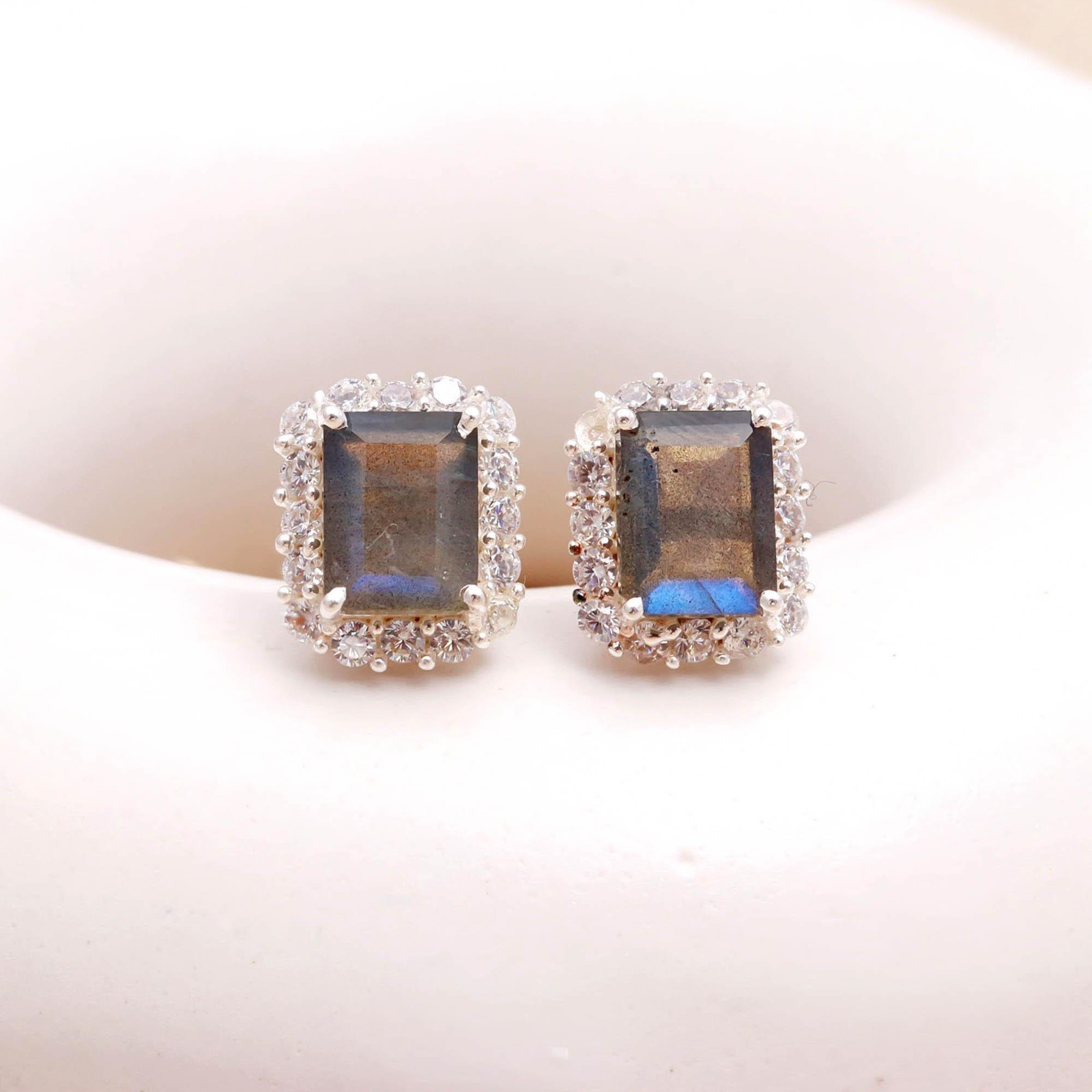 Natural Labradorite Octagon Stud Earrings 925 Sterling Silver Moissanite Jewelry