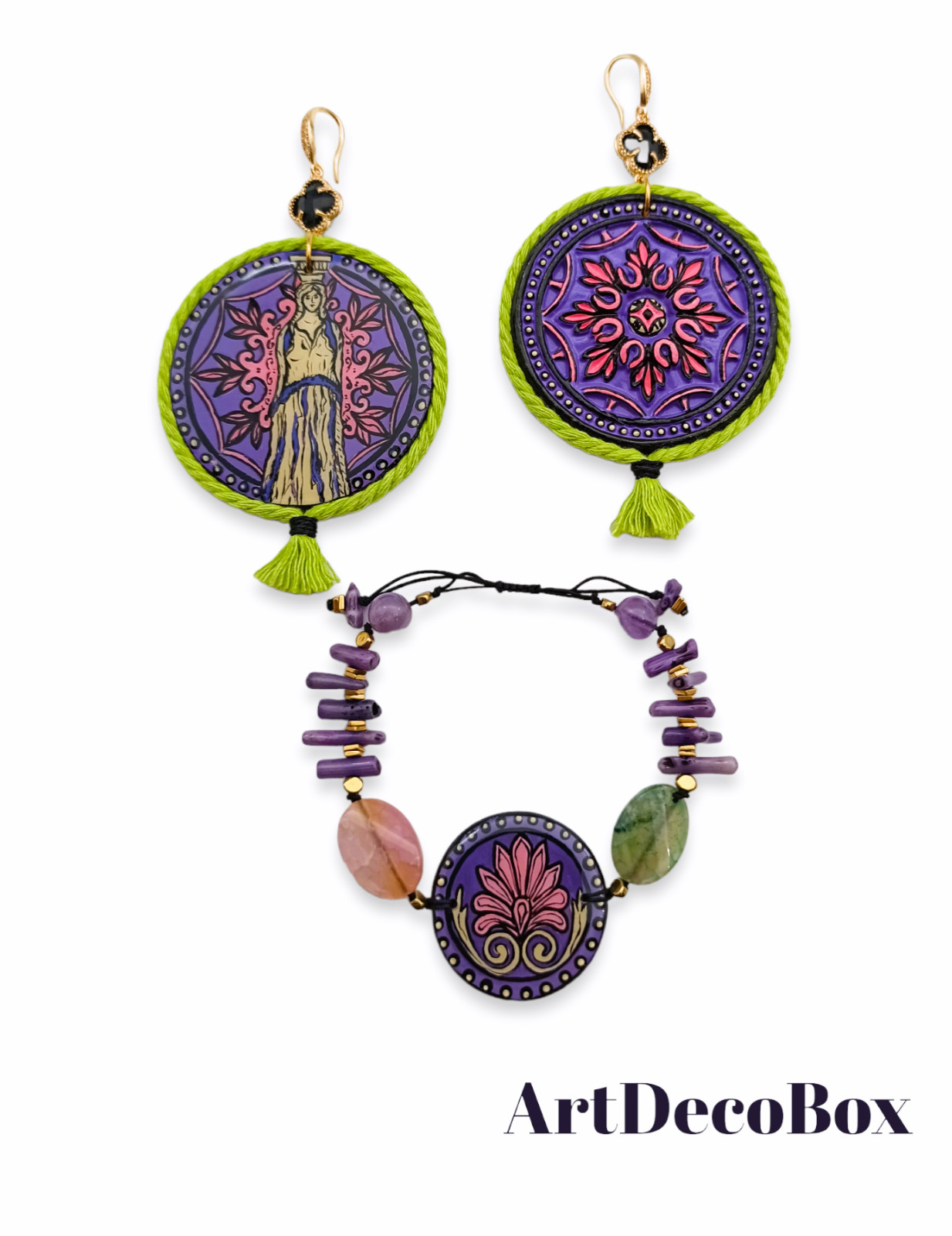 Painted bracelet inspired Ancient Greek Architecture Ornament Boho Art jewelry