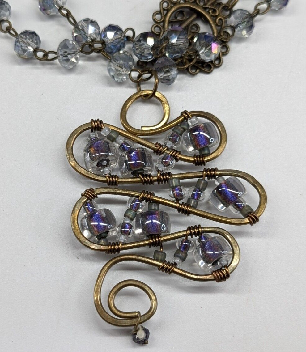 Artisan Bronze Swirl Crystal & Glass Beaded Iridescent Purple Toggle Necklace