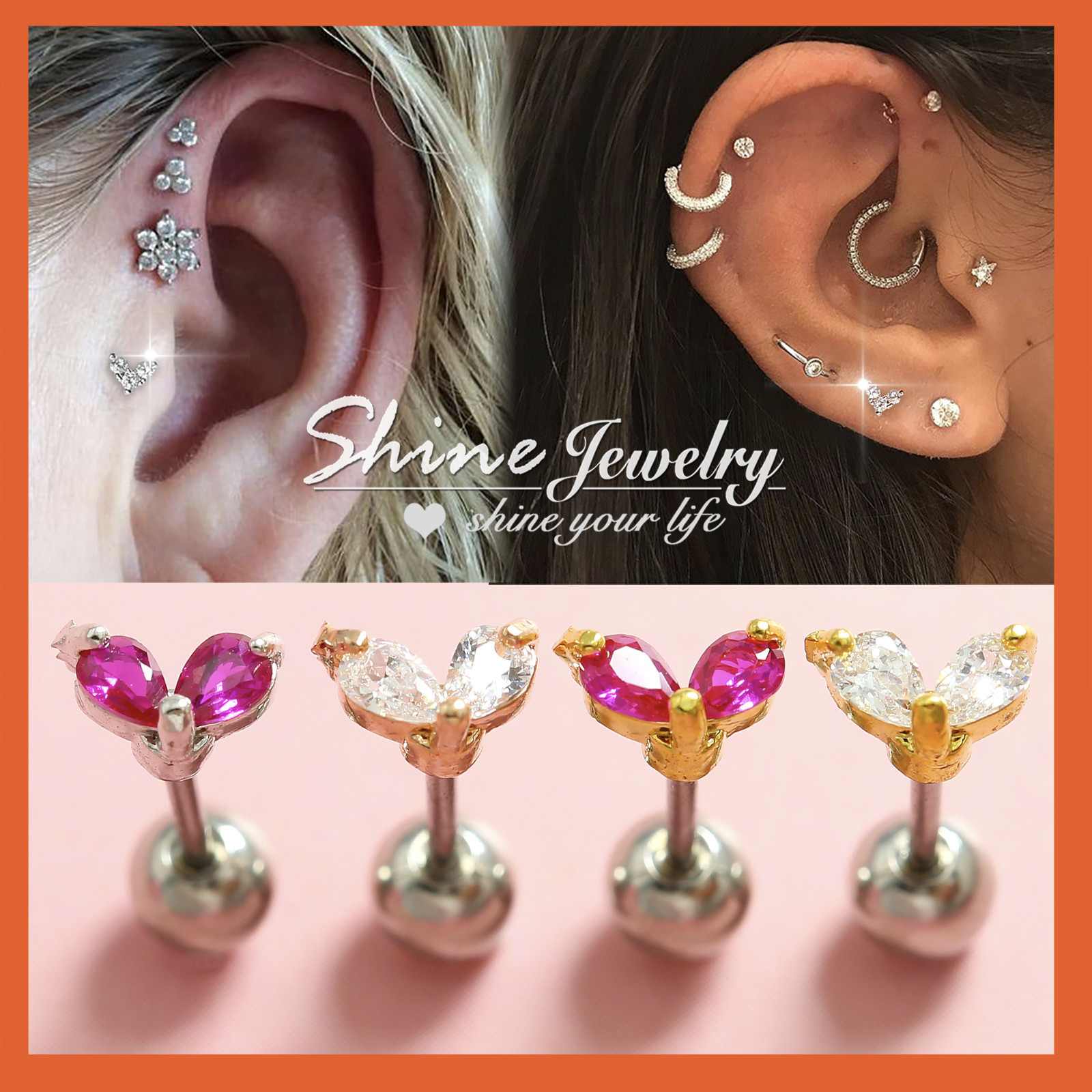 Opal Crystal Stud Ring Bar Ear Climber Earrings Cartilage Helix Tragus Piercing