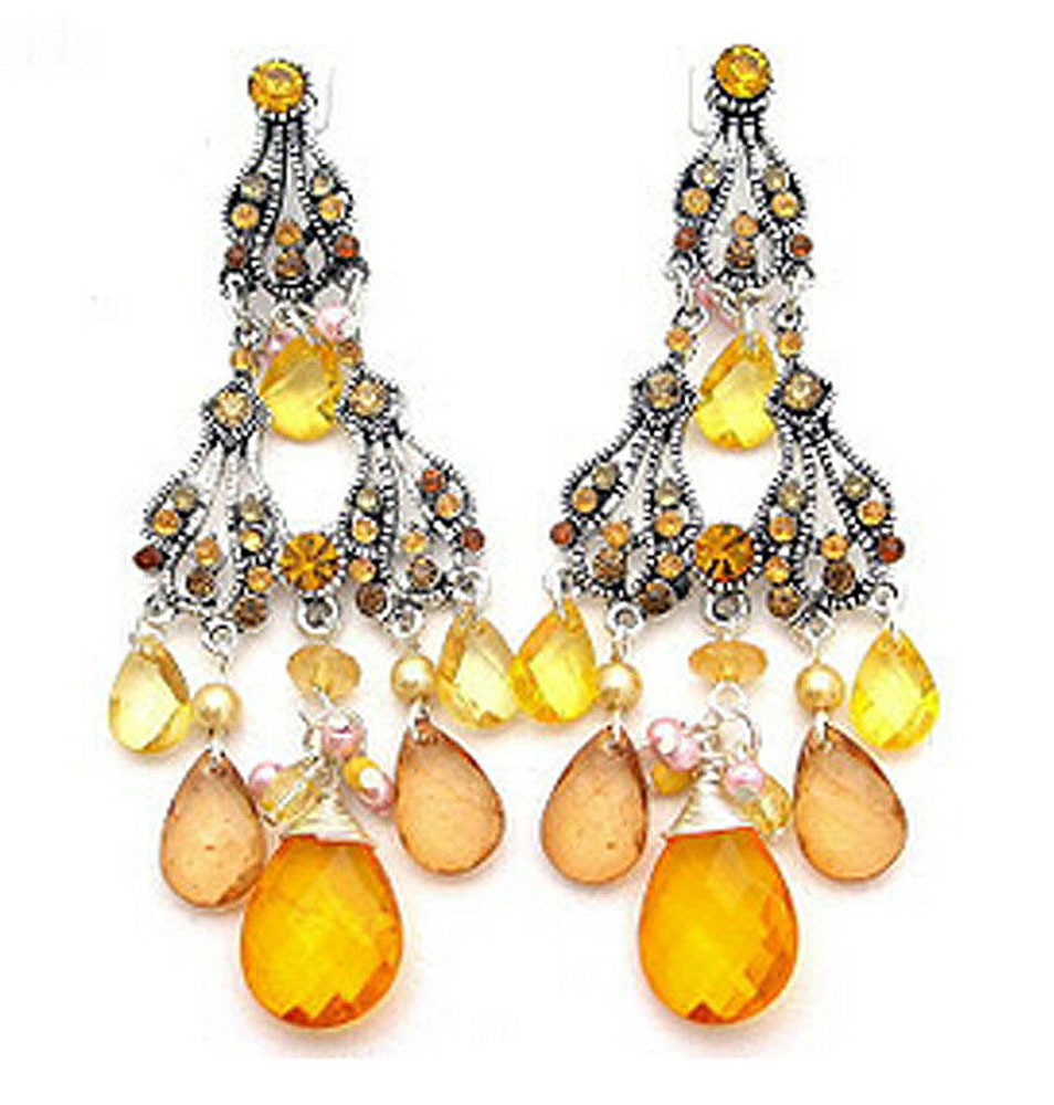 DESIGNER INSPIRED PINK GREEN BLUE GOLD CHANDELIER CRYSTAL ACRYLIC EARRINGS