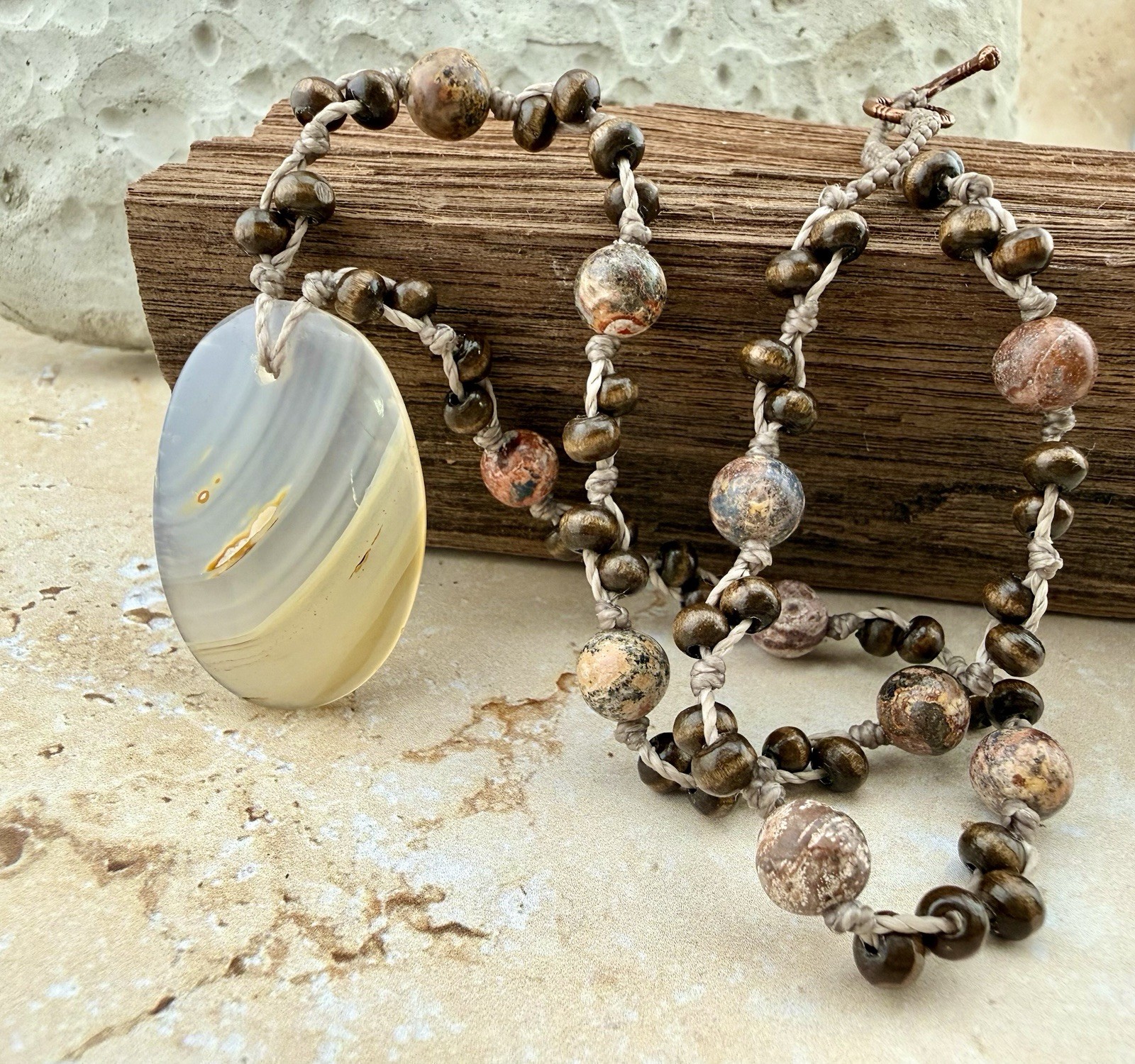 Cream Banded Agate, Leopard Jasper and Wood Beading Crystal Necklace USA Artisan
