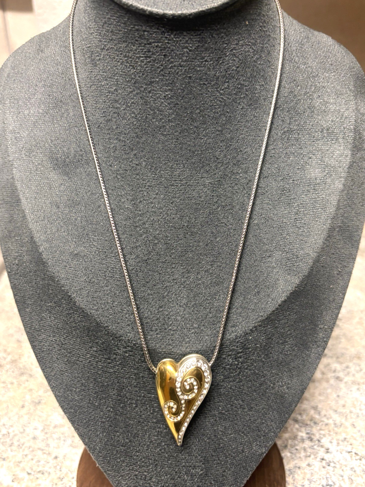 Brighton Puffy Two-Tone Heart Crystal Pendant Necklace Silver Gold Reversable