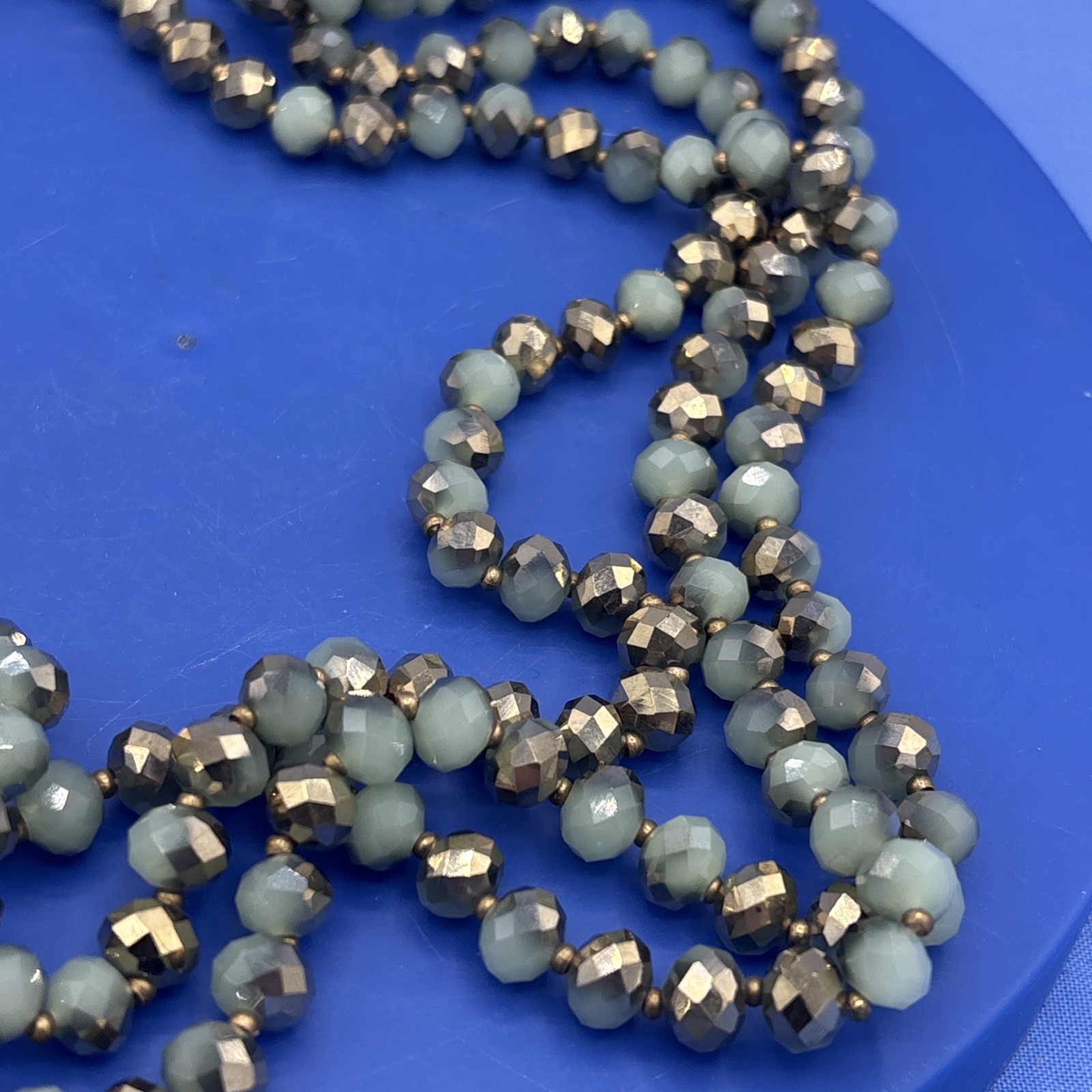 60” Faceted Glass Bead Necklace Metallic Gold Sage Green Long Wrap