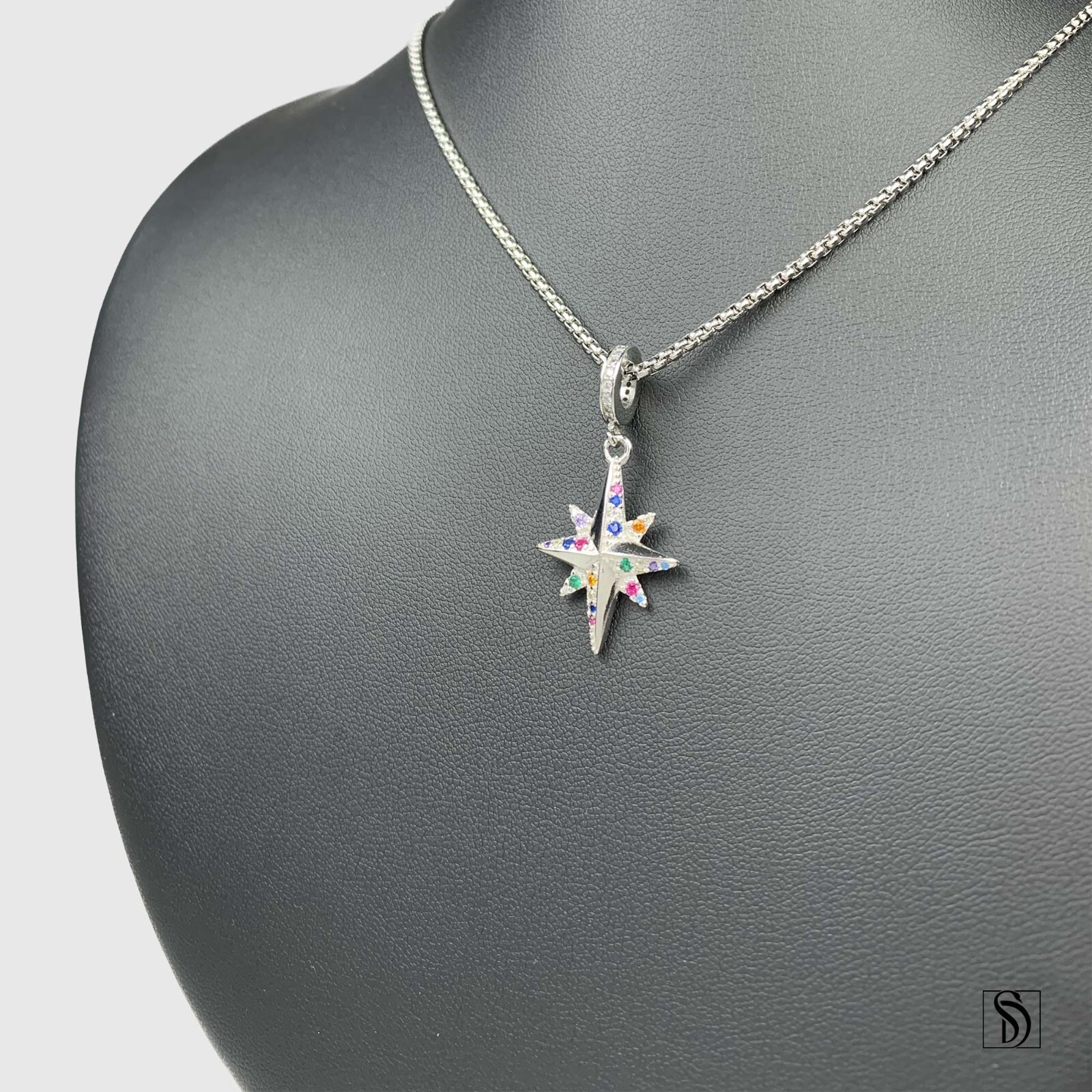Rainbow Gemstone North Star Pendant Necklace Premium Sterling Silver Charm Gift