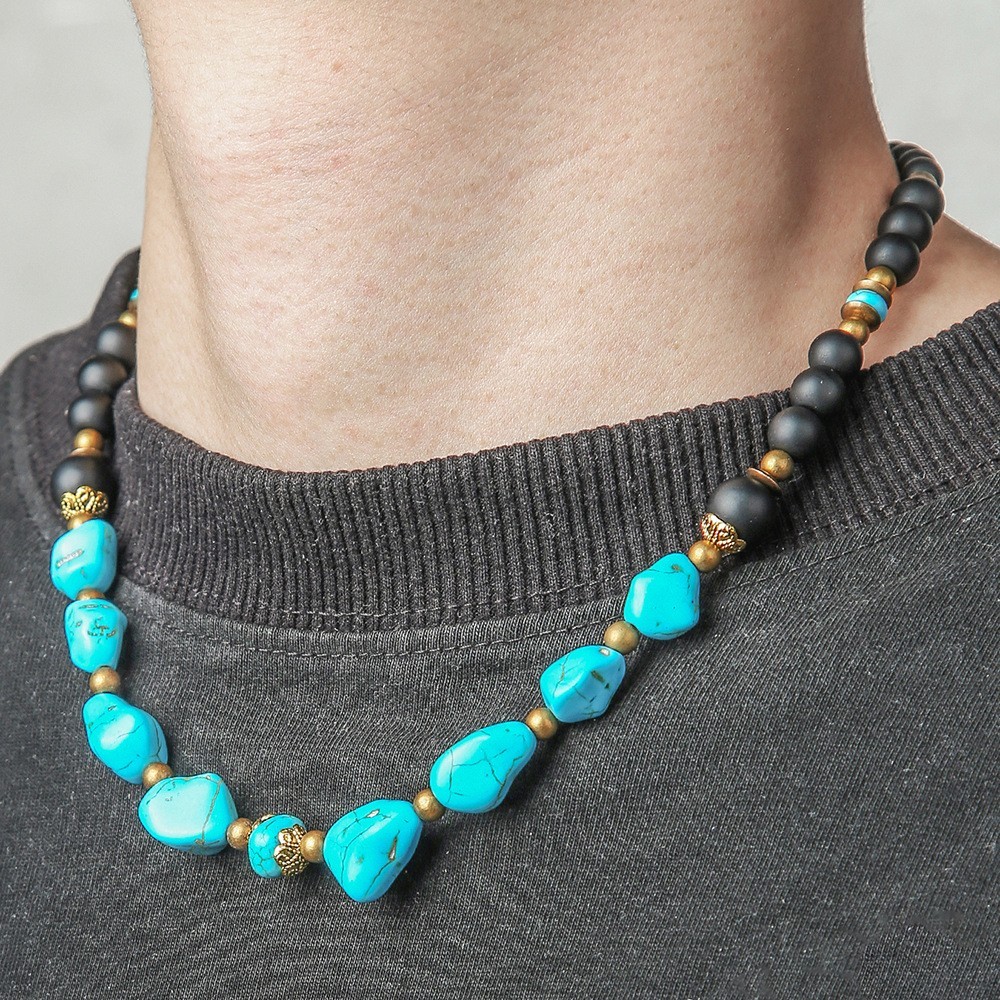 Dainty Blue Turquoise Choker Irregular Black Onyx Healing Men Gemstone Necklace