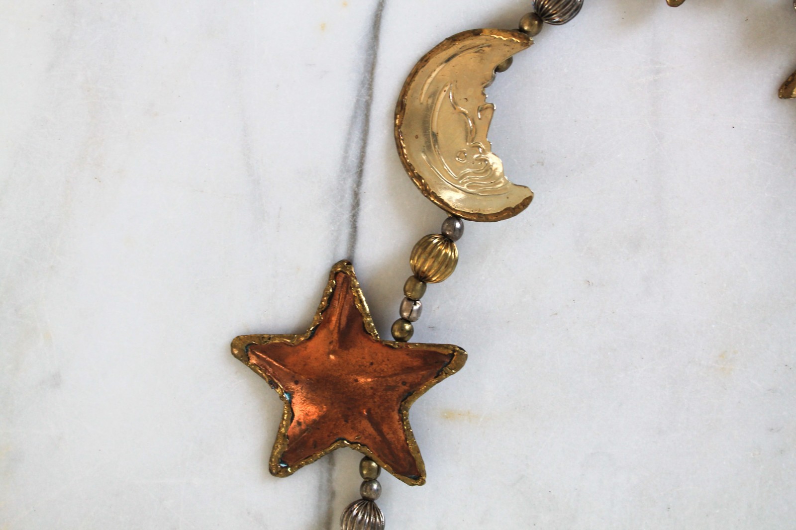 Vintage Handmade Sun Moon & Stars Necklace Celestial Brass Boho Chunky