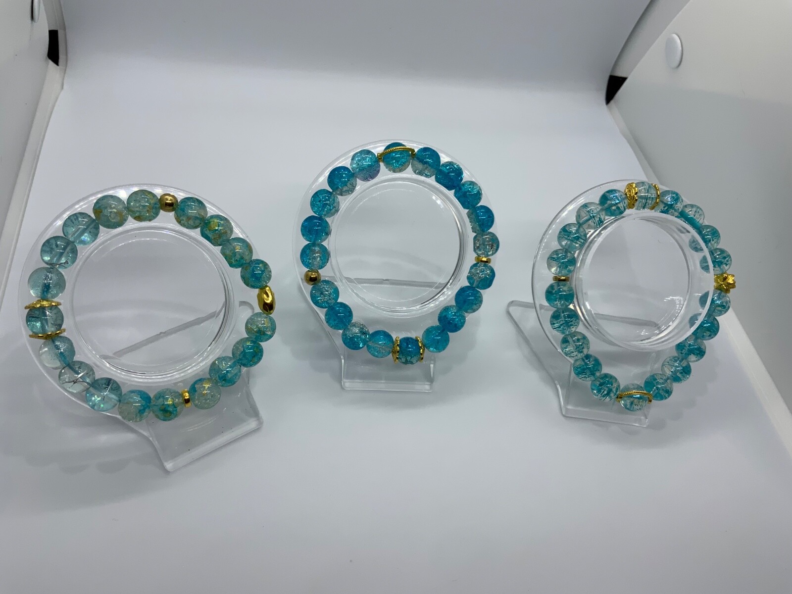 Lot of 3 Blue Teal Glass 9.5-10mm Bead Bracelet Jewelry Holiday 7in-8inch