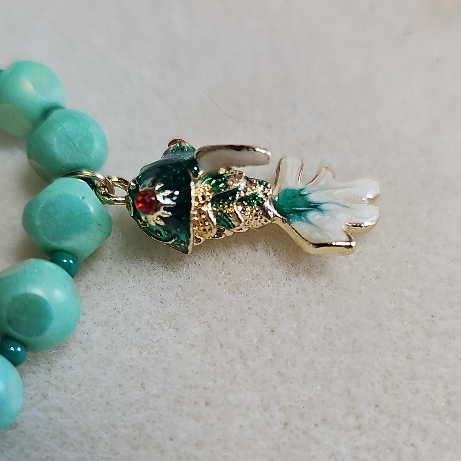 Handcrafted Green Glass Necklace W Enamel Koi Goldfish Charm Lobster Clasp