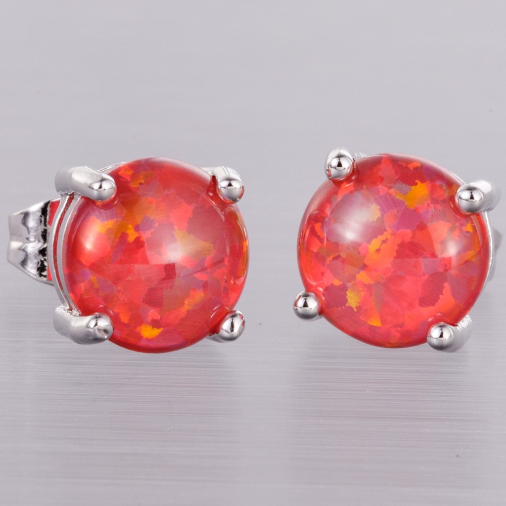 8mm Round Red Fire Opal Cabochon Silver Jewelry Simple Stud Earrings