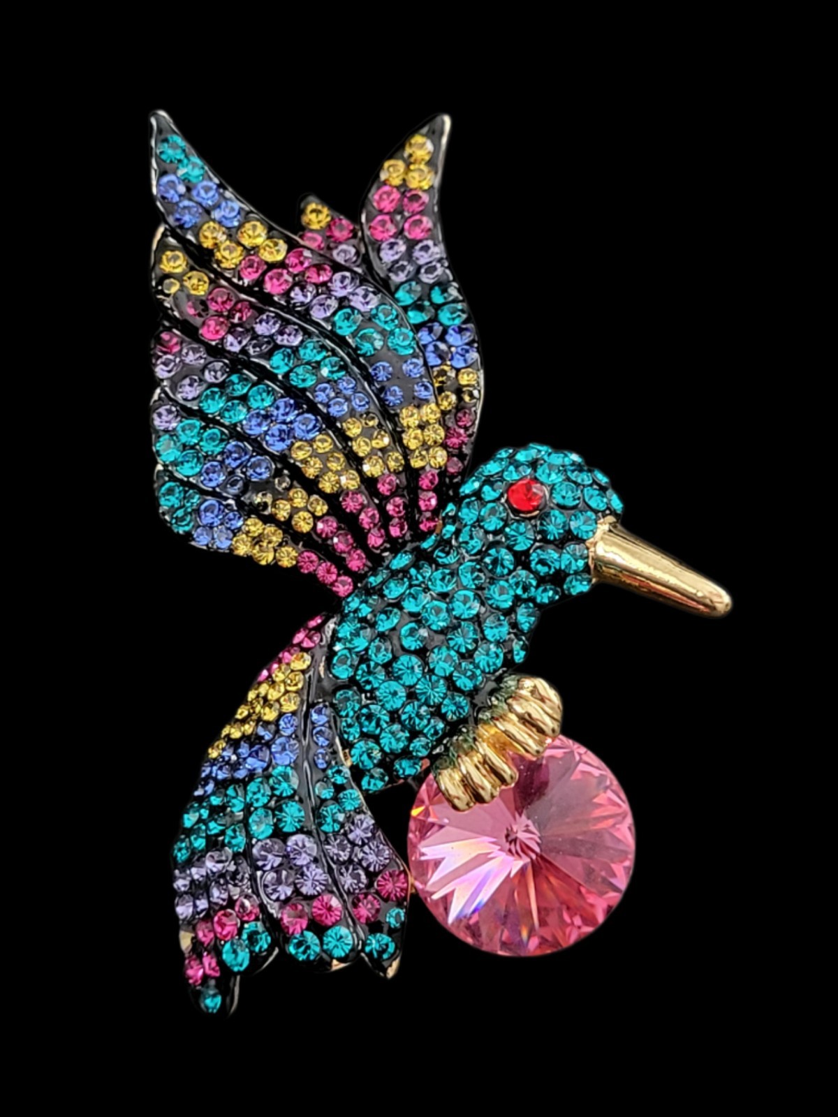 Butler & Wilson Gold Tone Multicoloured Crystal Hummingbird brooch Original Box