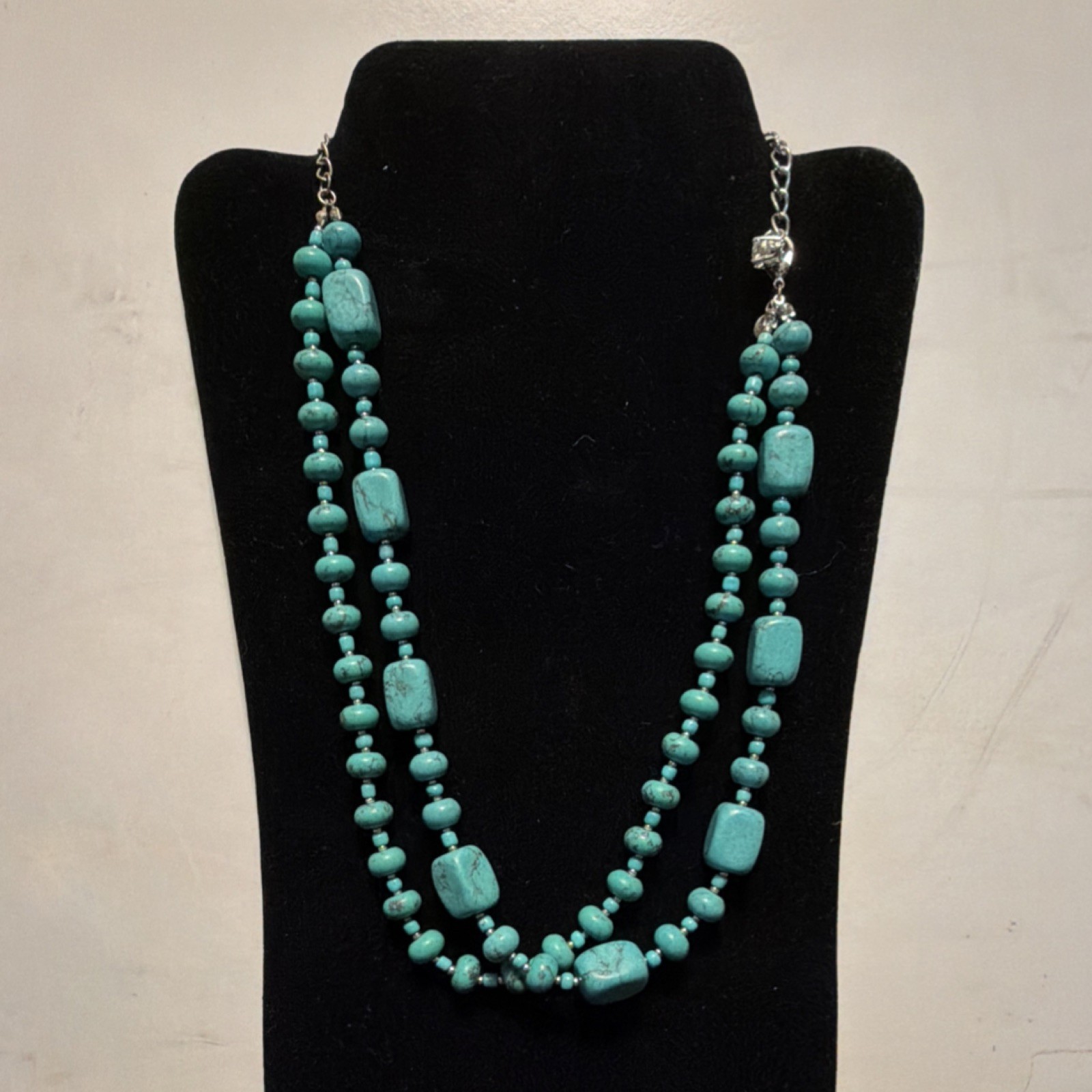 Layered Beaded Necklace Turquoise Stone Ball Chain Lobster Clasp Handmade