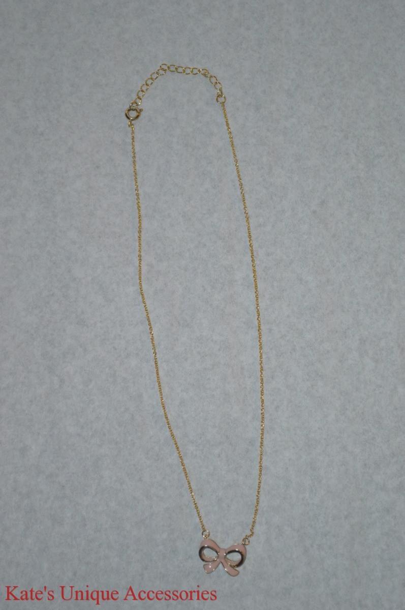 Lovely Gold Tone Chain & Pink Bow Tie Pendant Necklace Great Gift Idea For HER