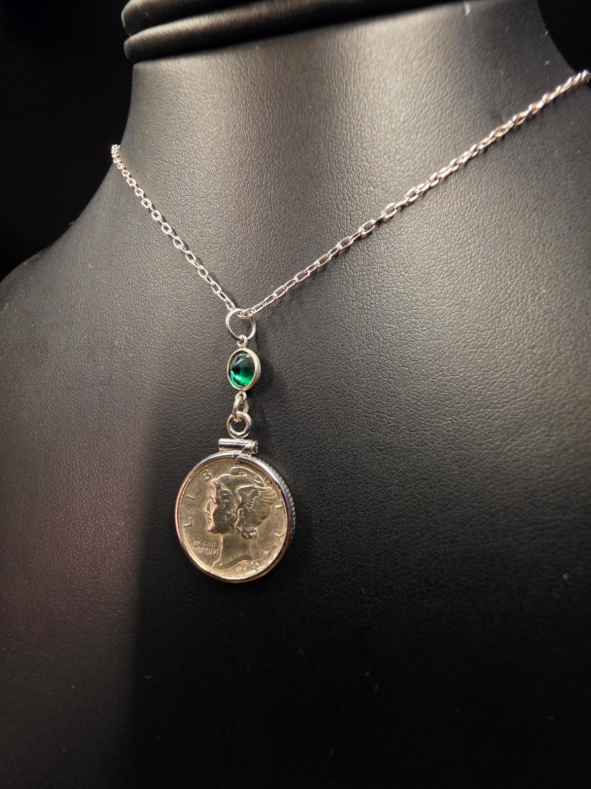 Vintage Mercury Dime Necklace Sterling Silver 925 Coin Pendant Emerald Green CZ