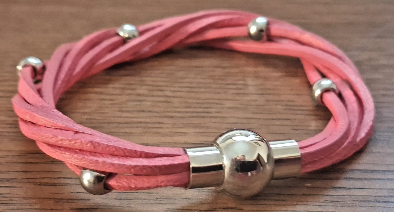8″ Chisel Pink Leather Multi Strand Stainless Steel Magnetic Bracelet NWOT