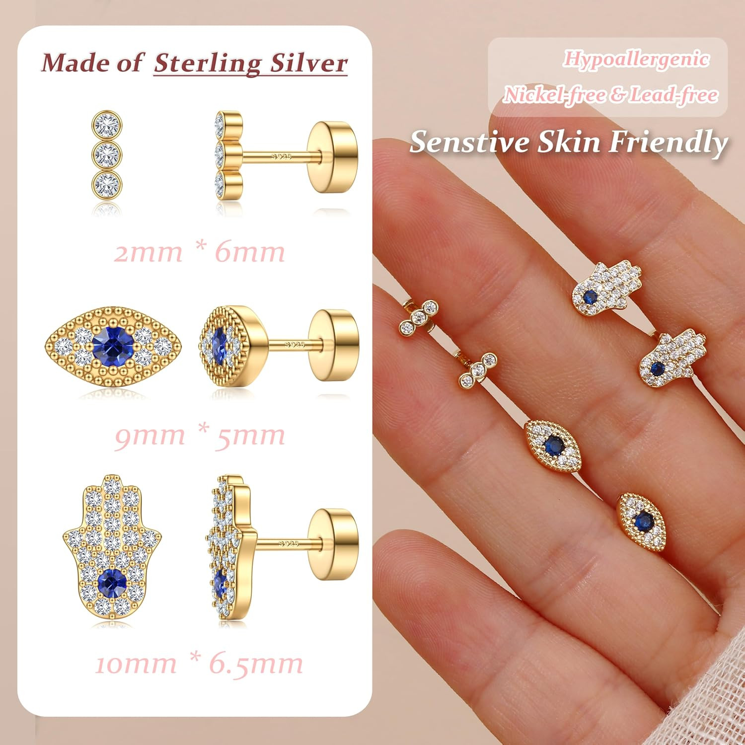 Flat Back Stud Earrings for Women – S925 Sterling Silver Post Cartilage Helix Pi