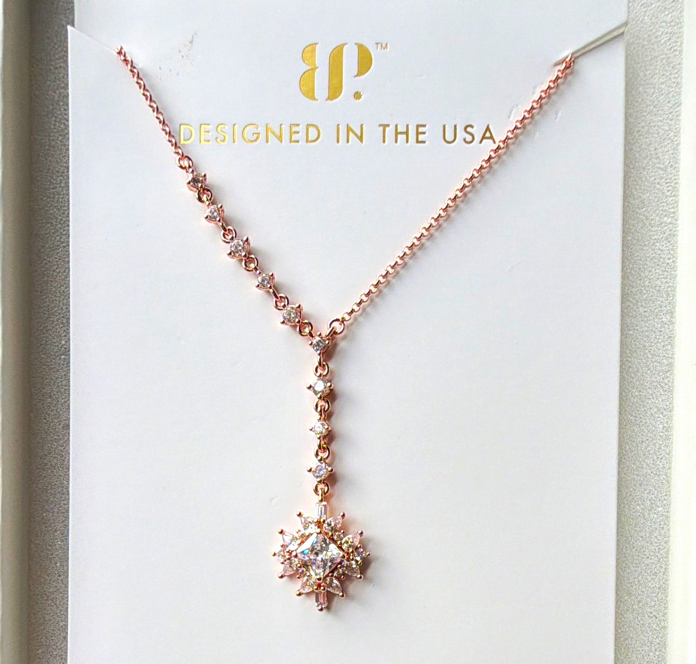 BP Rose Gold Plated Square CZ Starburst Charm Pendant Necklace 18″ NK68027