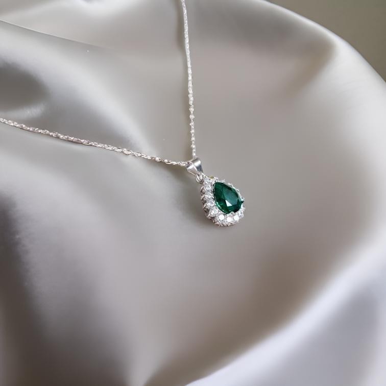 925 Sterling Silver Pear Cut Green Emerald With CZ Accents Handmade Pendant