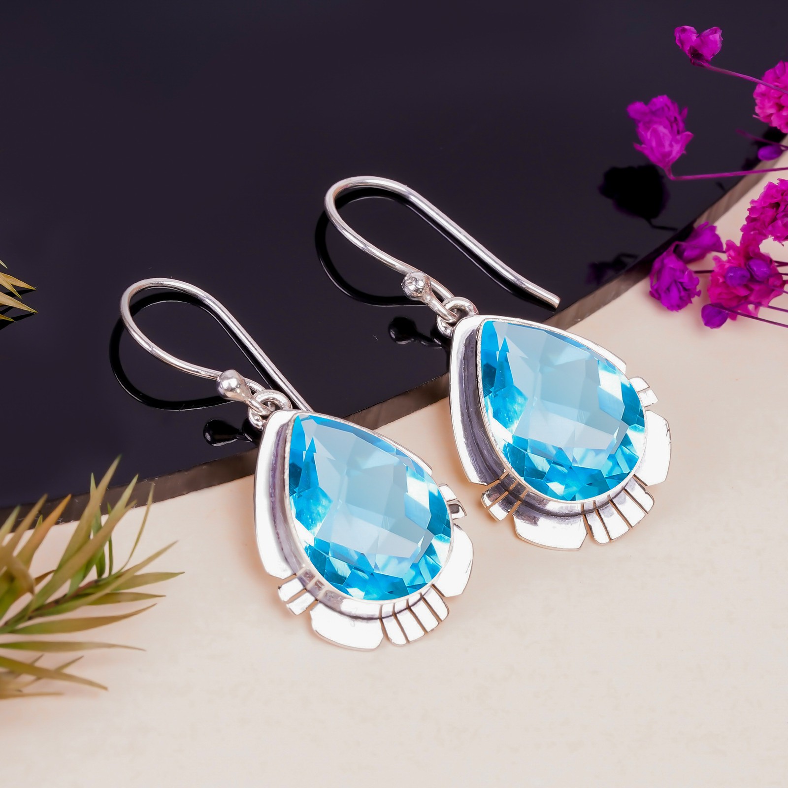 Blue Topaz 925 Sterling Silver Earring, Christmas Gift, Gift For Her E14433