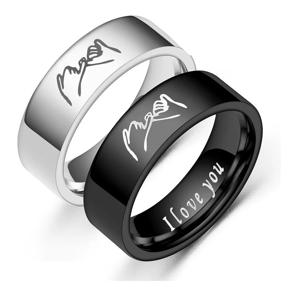 Couples Matching 2pc RING SET: ”I Love You” & “Pinky Promise” Engraved Bands
