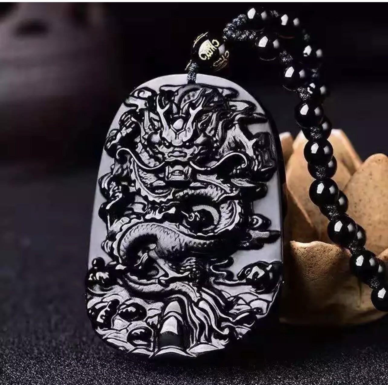 Obsidian Dragon Charm Pendant Necklace Beads Cord Handmade Carved Gemstone