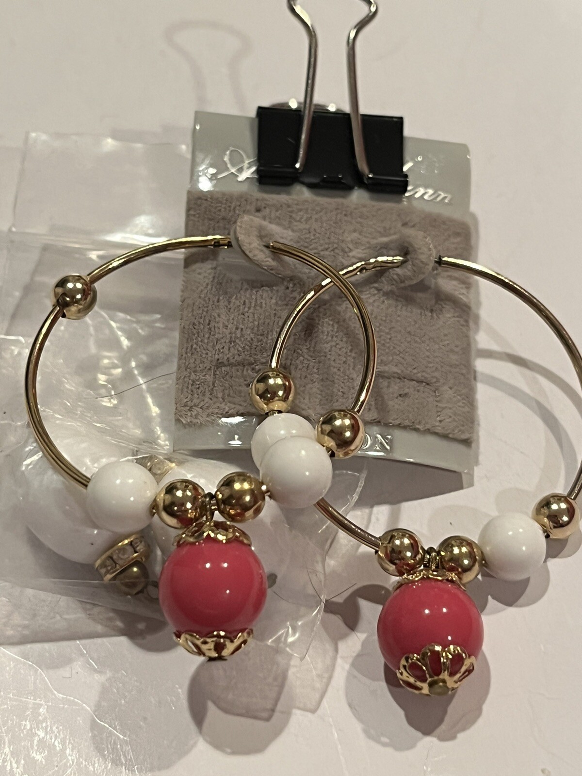 Wire Hoop Earrings Beaded Thin Gold Tone 1 5/8 in diameter Changeable Beads New