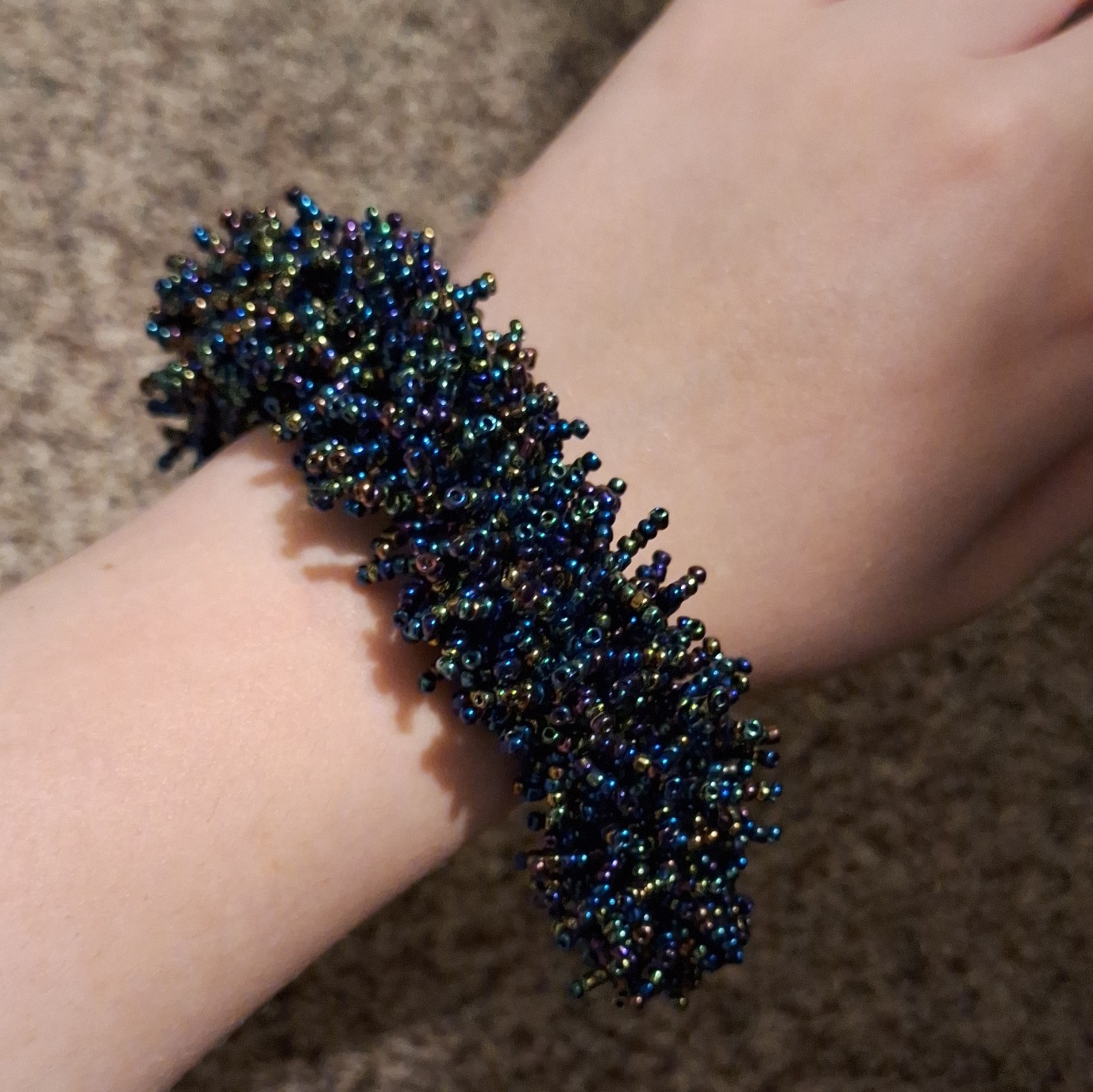 Handmade Multicolor Glass Seed Bead Bracelet, Iridescent Blue/Purple Fringe